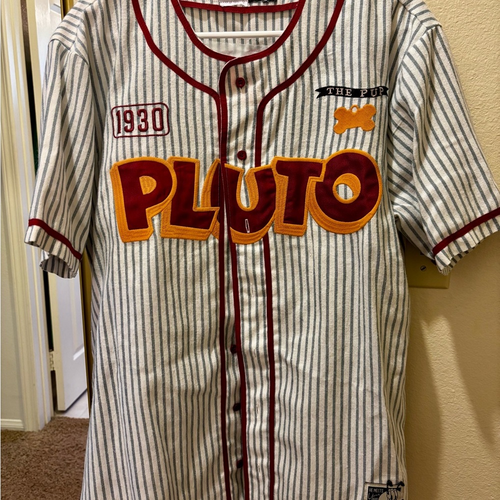 Pluto Baseball-Style Jersey - White with Red & Gold Applique